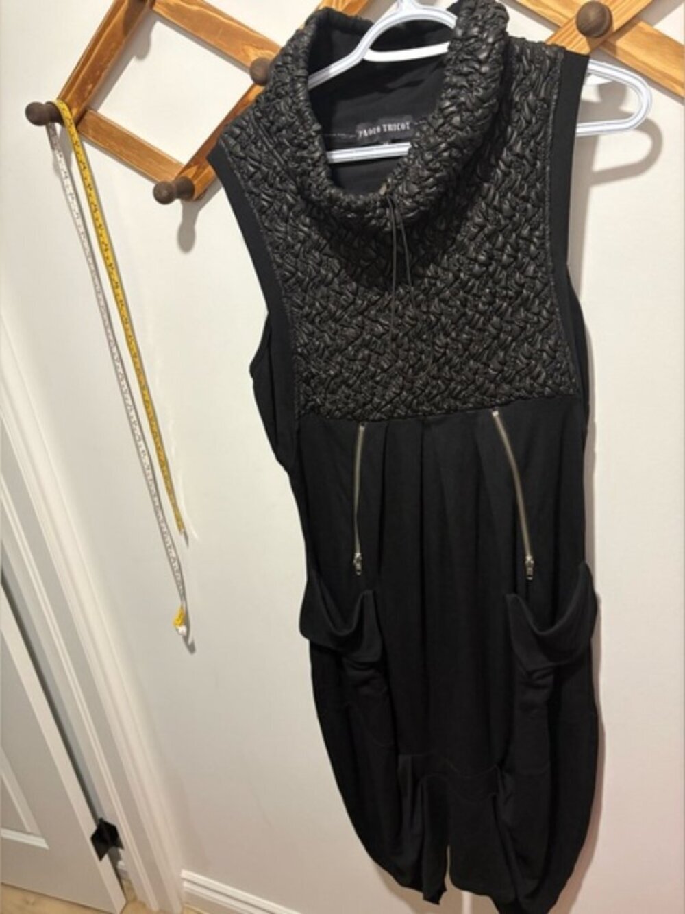 Paolo Tricot Black Lagenlook Quilted Cowl Neck Midi Dress with Pockets - Medium